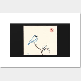 Morning Chirp - original watercolor painting of a little blue bird Posters and Art